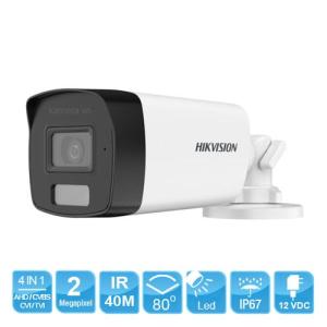 Camera Hikvision DS-2CE17D0T-EXLF 2.0MP, công nghệ ColorVu Dual Light siêu sáng, hình ảnh Full HD 1080p, tầm nhìn đêm 40m, đèn LED trắng kép, cảm biến CMOS cực nhạy 0.02 lux
