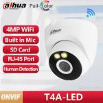 Camera Wifi Dahua 4MP Full Color DH-T4A-LED chính hãng, mắt chíp CMOS 1/3 inch, đèn LED kép + hồng ngoại, phát hiện con người, báo động còi đèn, lưu Micro SD 256GB, chuẩn IP67